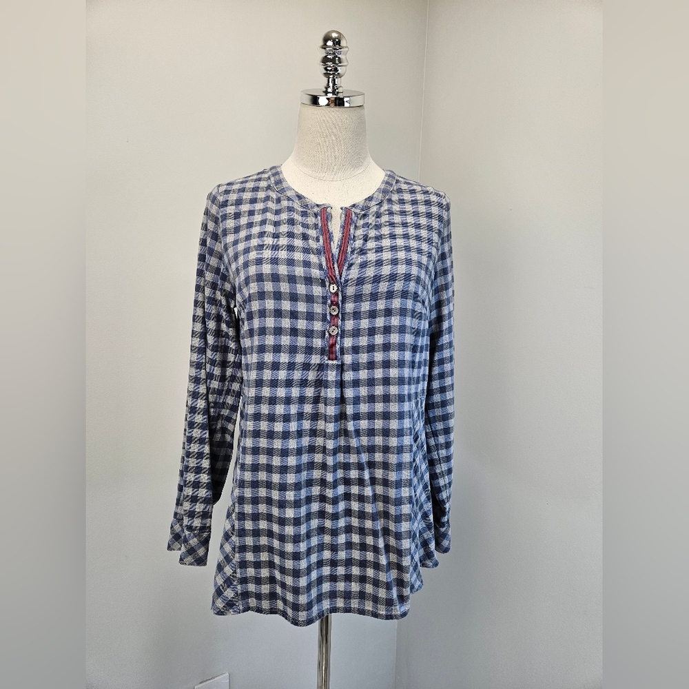 J Jill Womens Gingham Peplum Blouse Small Blue Long Sleeves Flannel Lightweight